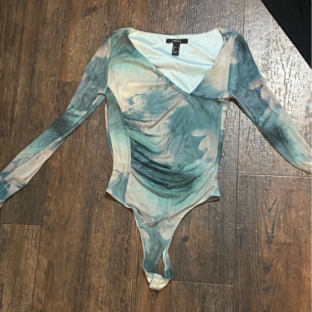 Forever 21 Green and Blue Graphic Polo Bodysuit Size Small